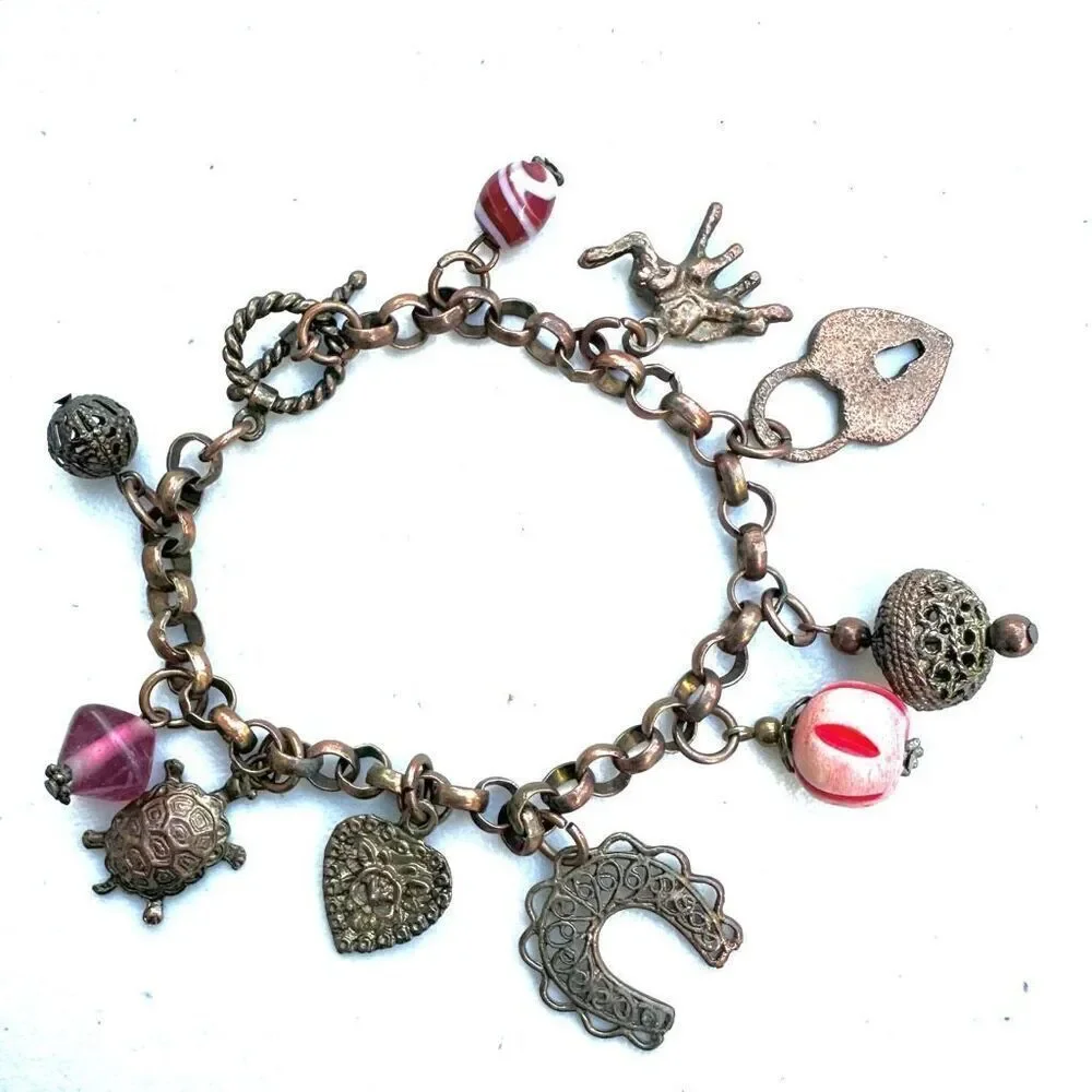 Brass  copper Charm Bracelet Pink Beads Turtle Heart Elephant Locket Horseshoe